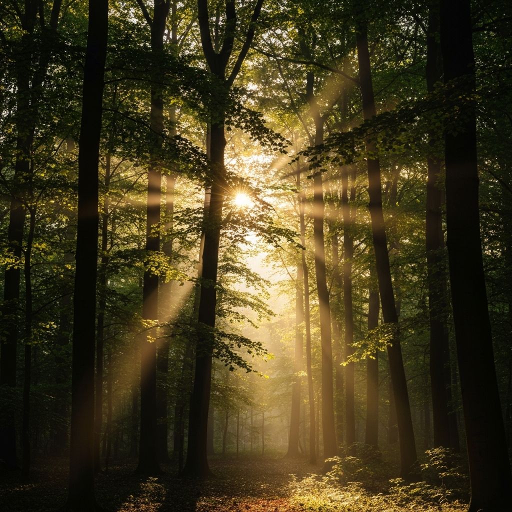 Сутрешна светлина прониквайки през гора, естествена енергия и природа